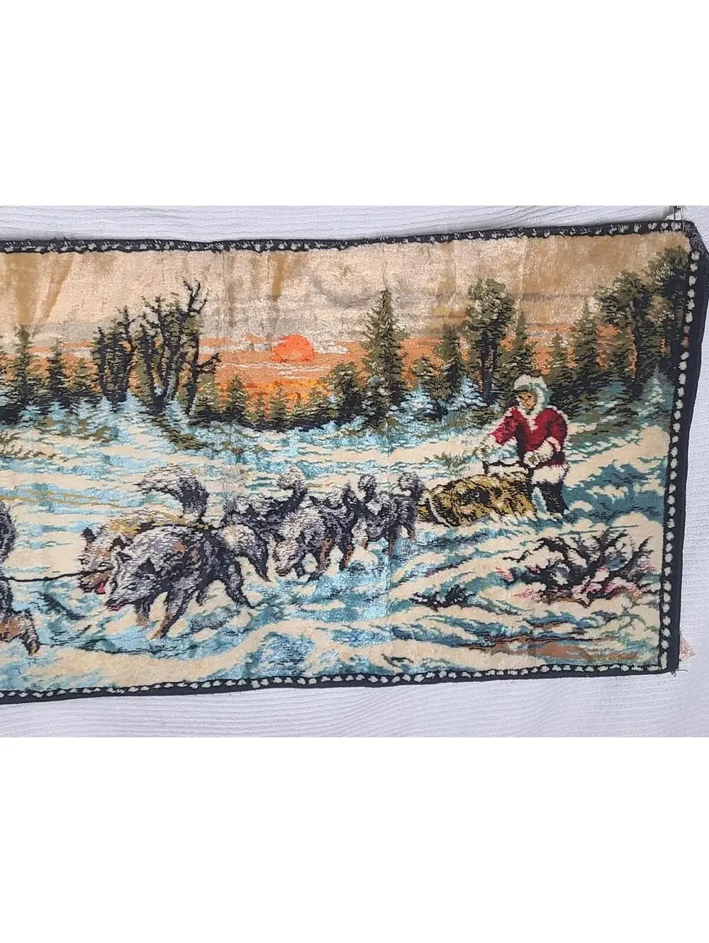Vtg Velvet Tapestry Cotton Wall Art 41x20” Winter Sleigh Dogs Scene Retro